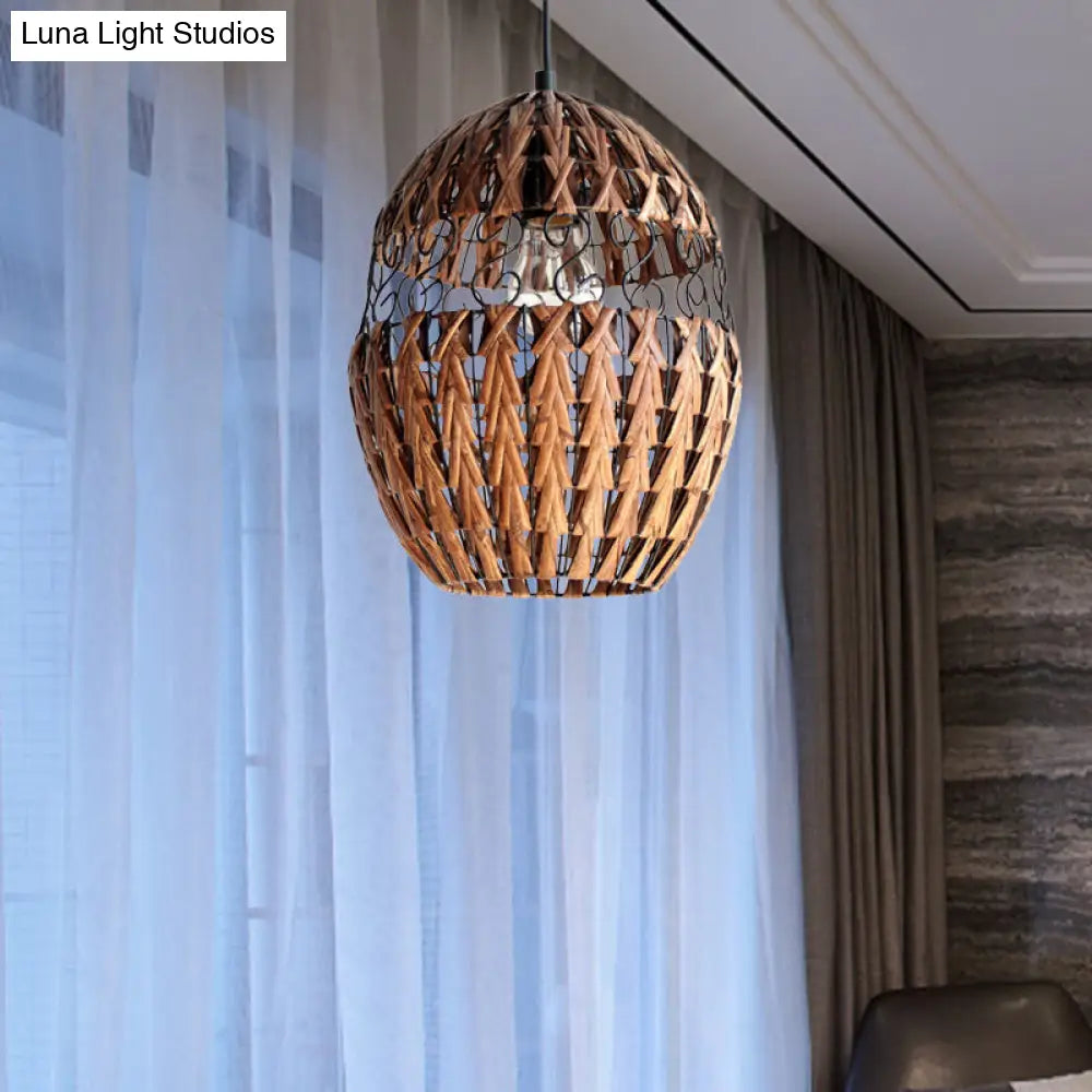 Rustic Rattan Hanging Ceiling Light - Single Bulb Pendant Lamp In Brown For Living Room