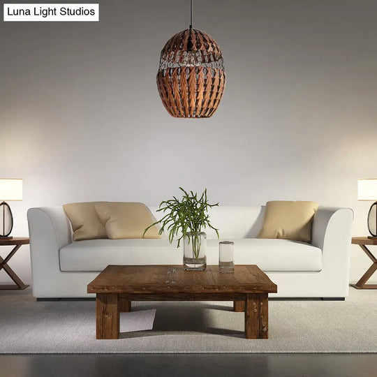 Rustic Rattan Hanging Ceiling Light - Single Bulb Pendant Lamp In Brown For Living Room