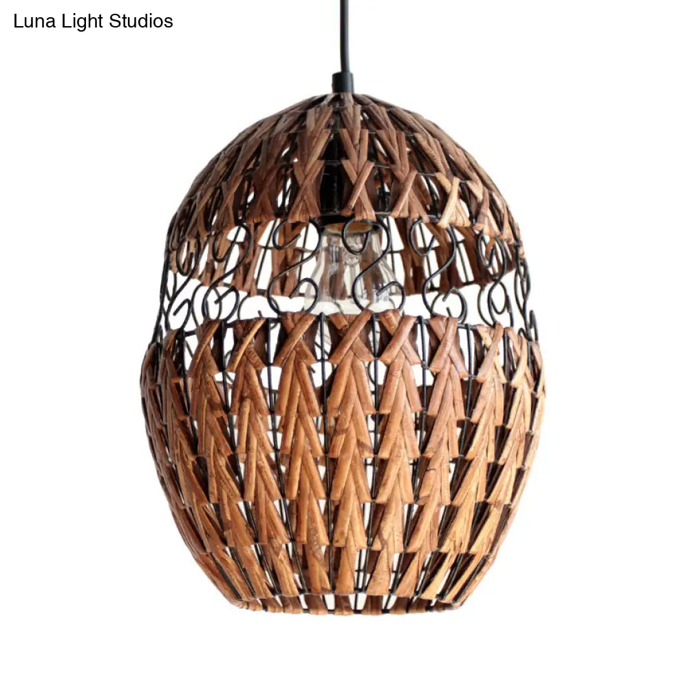 Rustic Rattan Hanging Ceiling Light - Single Bulb Pendant Lamp In Brown For Living Room