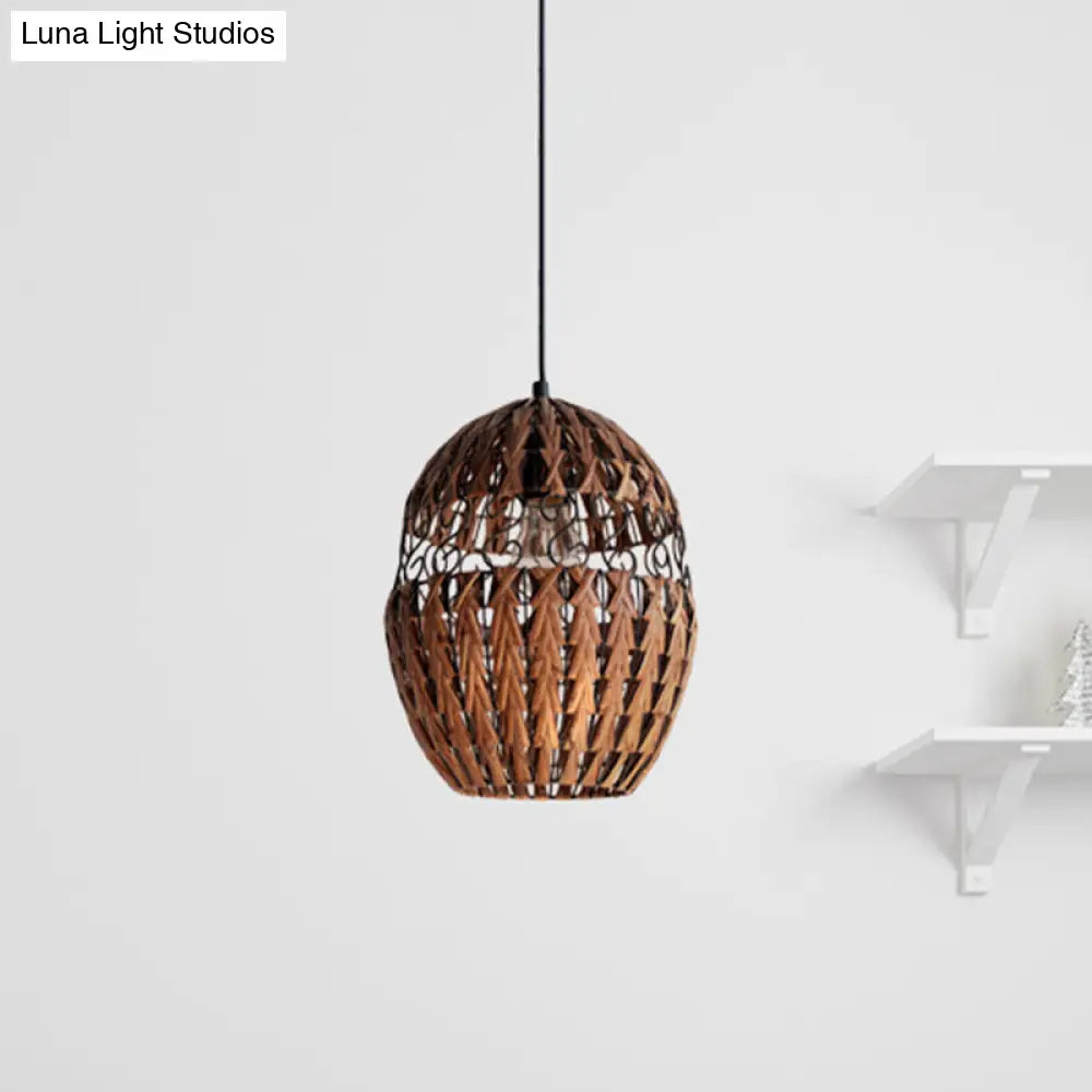 Rustic Rattan Hanging Ceiling Light - Single Bulb Pendant Lamp In Brown For Living Room