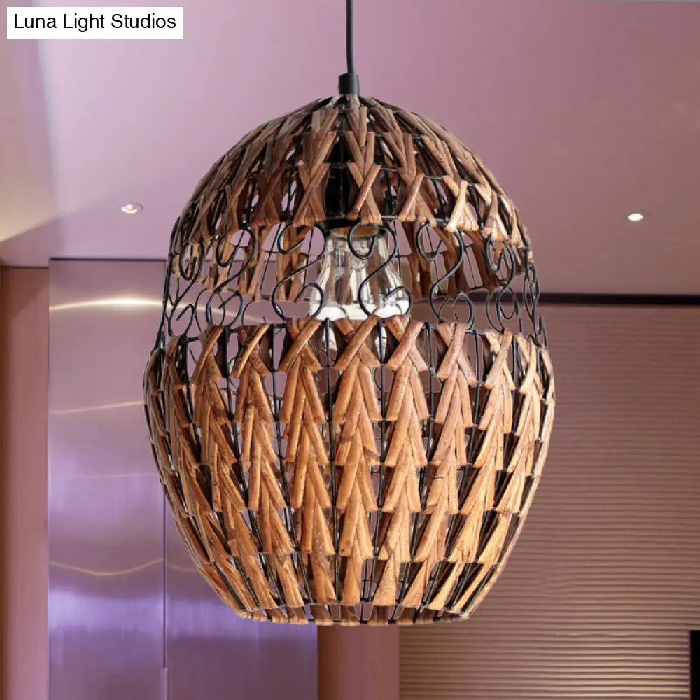 Rustic Rattan Hanging Ceiling Light - Single Bulb Pendant Lamp In Brown For Living Room