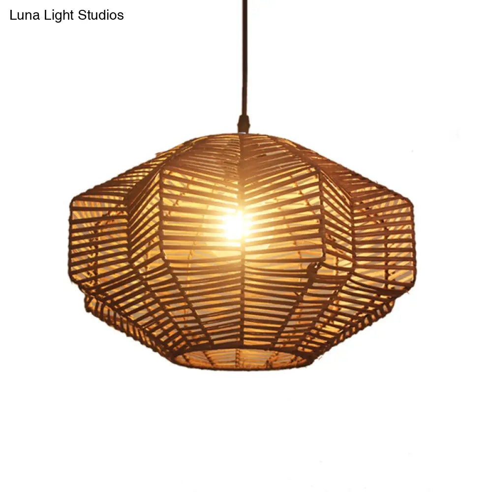 Traditional Rattan Brown Lantern Pendant Lighting - Restaurant Hanging Lamp