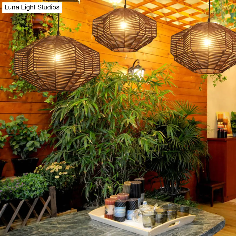 Rustic Rattan Lantern Pendant Light - Traditional Brown Hanging Lamp Kit For Restaurants