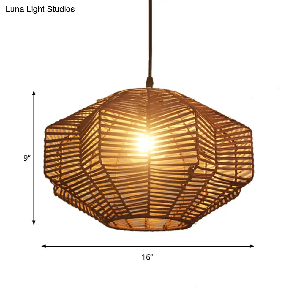 Rustic Rattan Lantern Pendant Light - Traditional Brown Hanging Lamp Kit For Restaurants