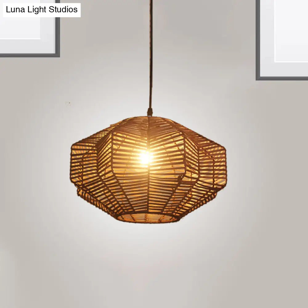 Traditional Rattan Brown Lantern Pendant Lighting - Restaurant Hanging Lamp