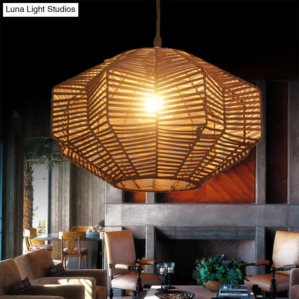 Traditional Rattan Brown Lantern Pendant Lighting - Restaurant Hanging Lamp