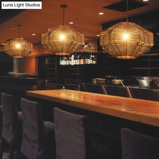 Traditional Rattan Brown Lantern Pendant Lighting - Restaurant Hanging Lamp