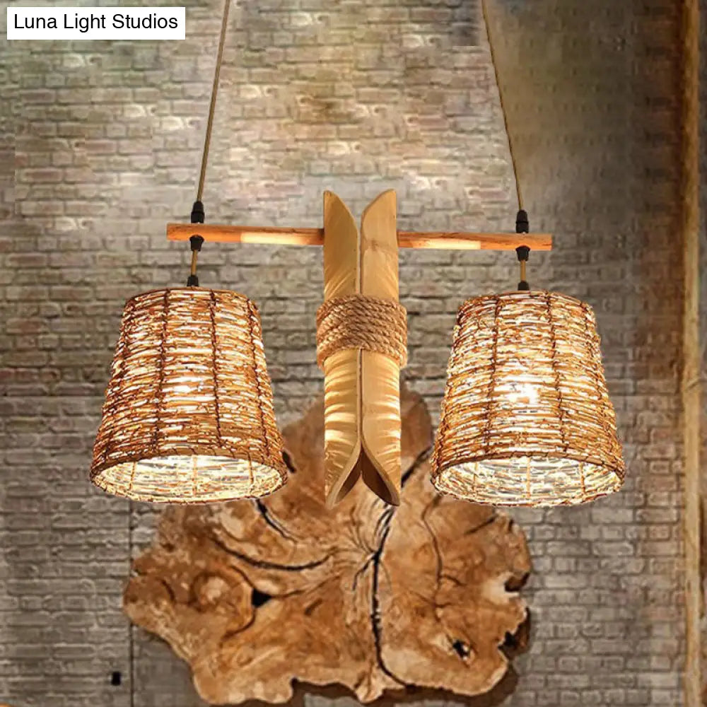 Rustic Rattan Shade Pendant Light Fixture - 2 Bulbs Countryside Island Lighting With Bamboo Design