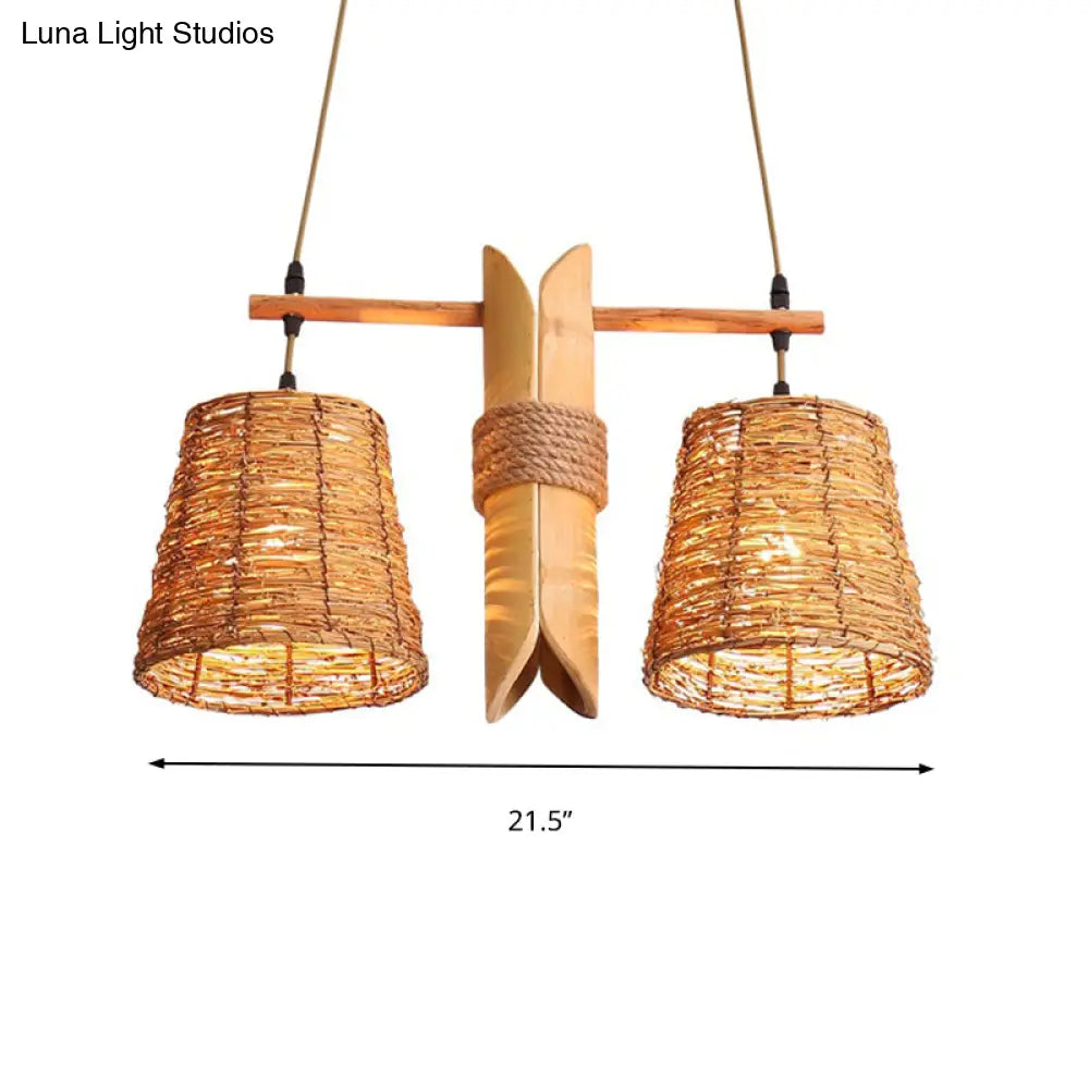 Rustic Rattan Shade Pendant Light Fixture - 2 Bulbs Countryside Island Lighting With Bamboo Design