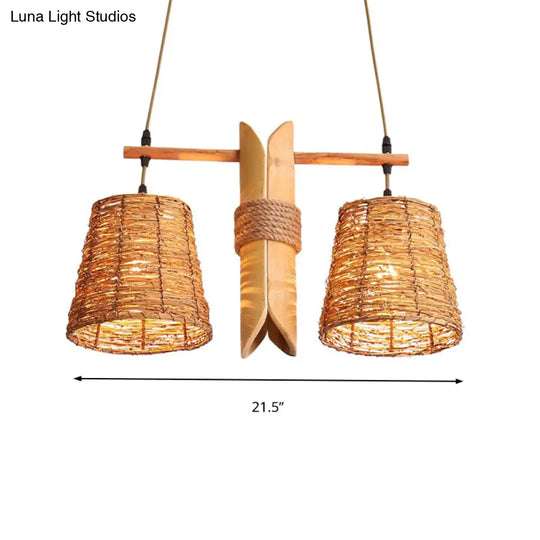 Rustic Rattan Shade Pendant Light Fixture - 2 Bulbs Countryside Island Lighting With Bamboo Design