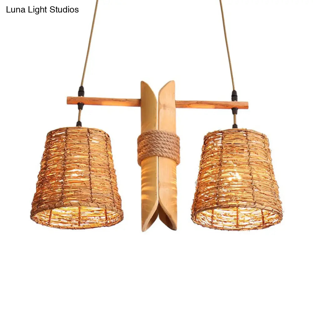 Rustic Rattan Shade Pendant Light Fixture - 2 Bulbs Countryside Island Lighting With Bamboo Design