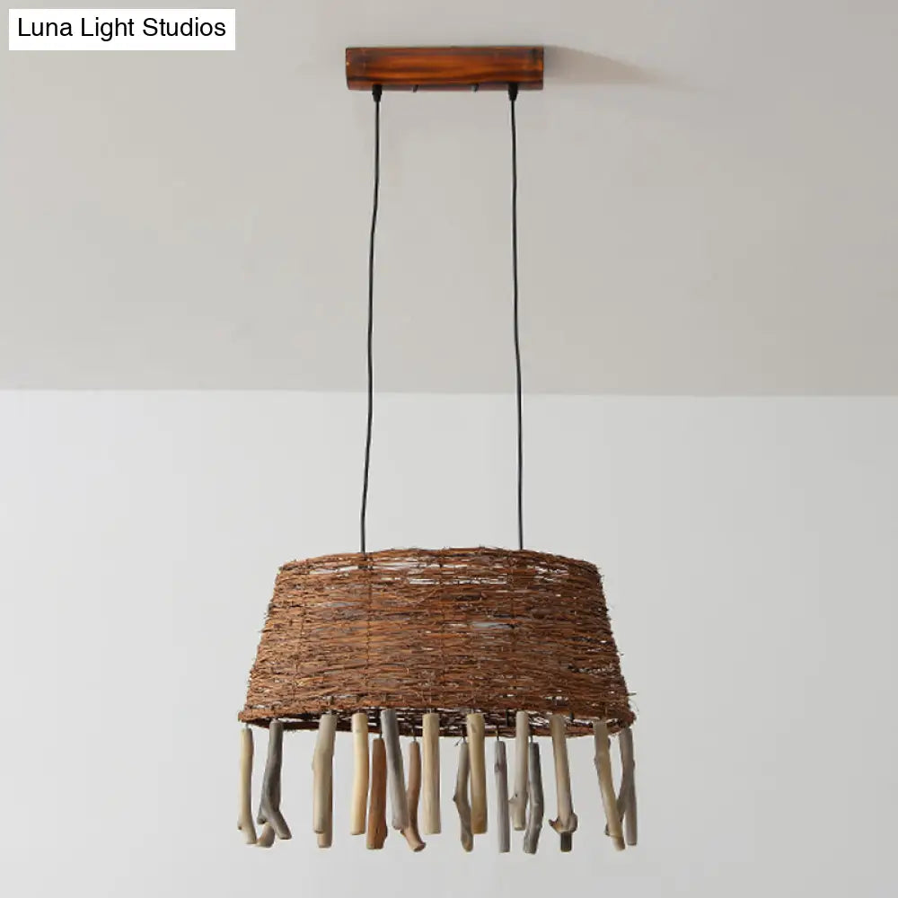 Rustic Rattan Wood Drop Pendant Light - 1 Head Oval Ceiling Hang For Restaurants