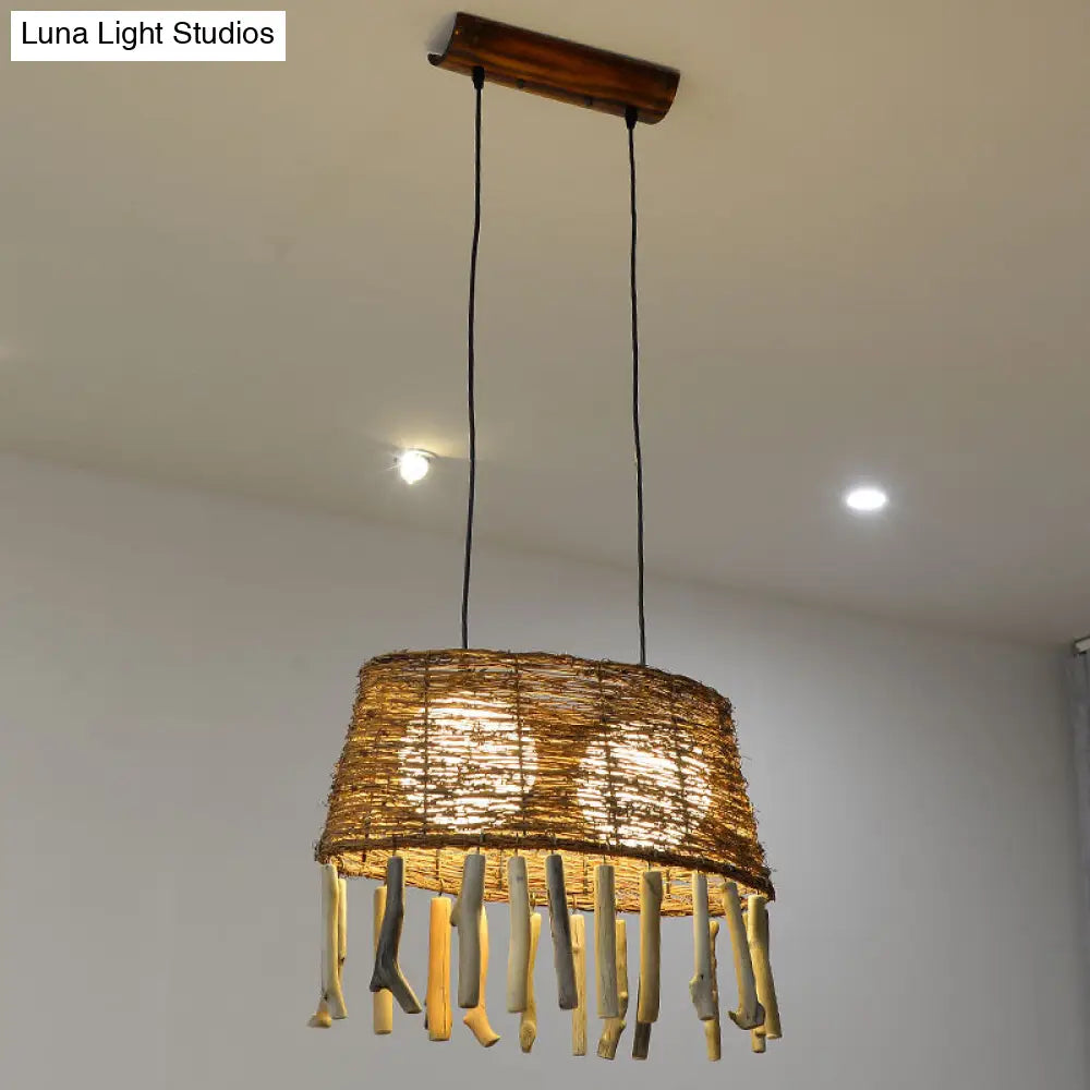 Rustic Rattan Wood Drop Pendant Light - 1 Head Oval Ceiling Hang For Restaurants