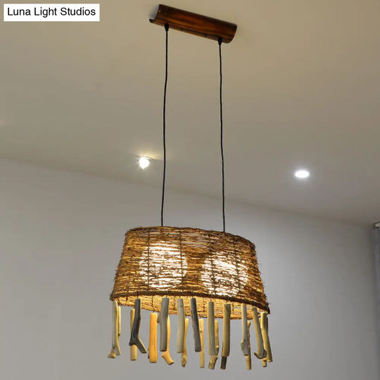 Rustic Rattan Wood Drop Pendant Light - 1 Head Oval Ceiling Hang For Restaurants