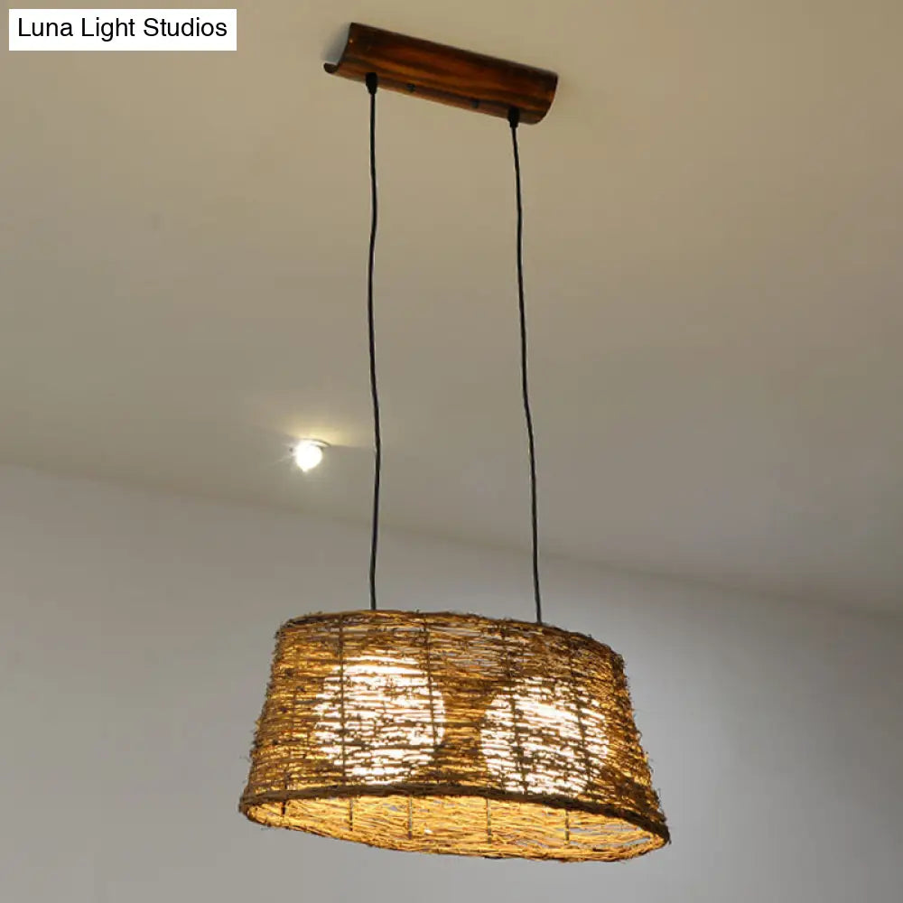 Rustic Rattan Wood Drop Pendant Light - 1 Head Oval Ceiling Hang For Restaurants