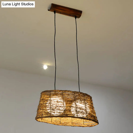 Rustic Rattan Wood Drop Pendant Light - 1 Head Oval Ceiling Hang For Restaurants