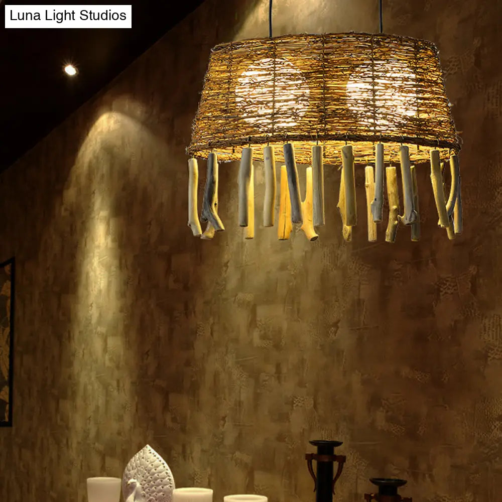 Rustic Rattan Wood Drop Pendant Light - 1 Head Oval Ceiling Hang For Restaurants