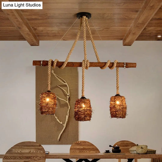 Rustic Rattan Woven Island Pendant 3-Bulb Dining Room Hanging Light Fixture In Wood