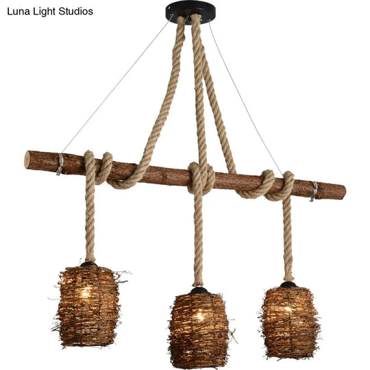 Rustic Rattan Woven Island Pendant 3-Bulb Dining Room Hanging Light Fixture In Wood