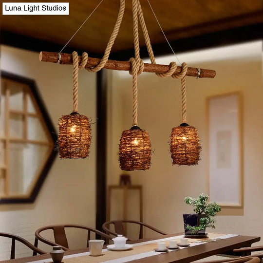 Rustic Rattan Woven Island Pendant 3-Bulb Dining Room Hanging Light Fixture In Wood