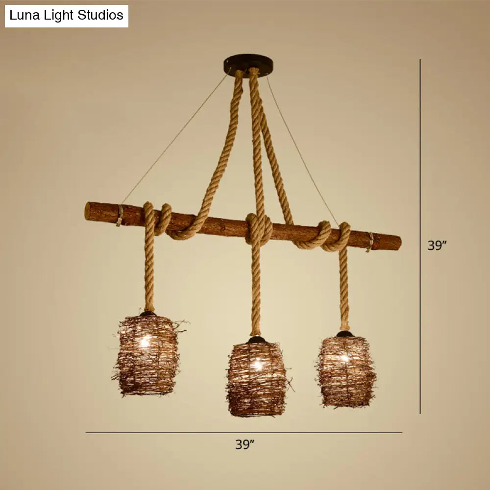 Rustic Rattan Woven Island Pendant 3-Bulb Dining Room Hanging Light Fixture In Wood