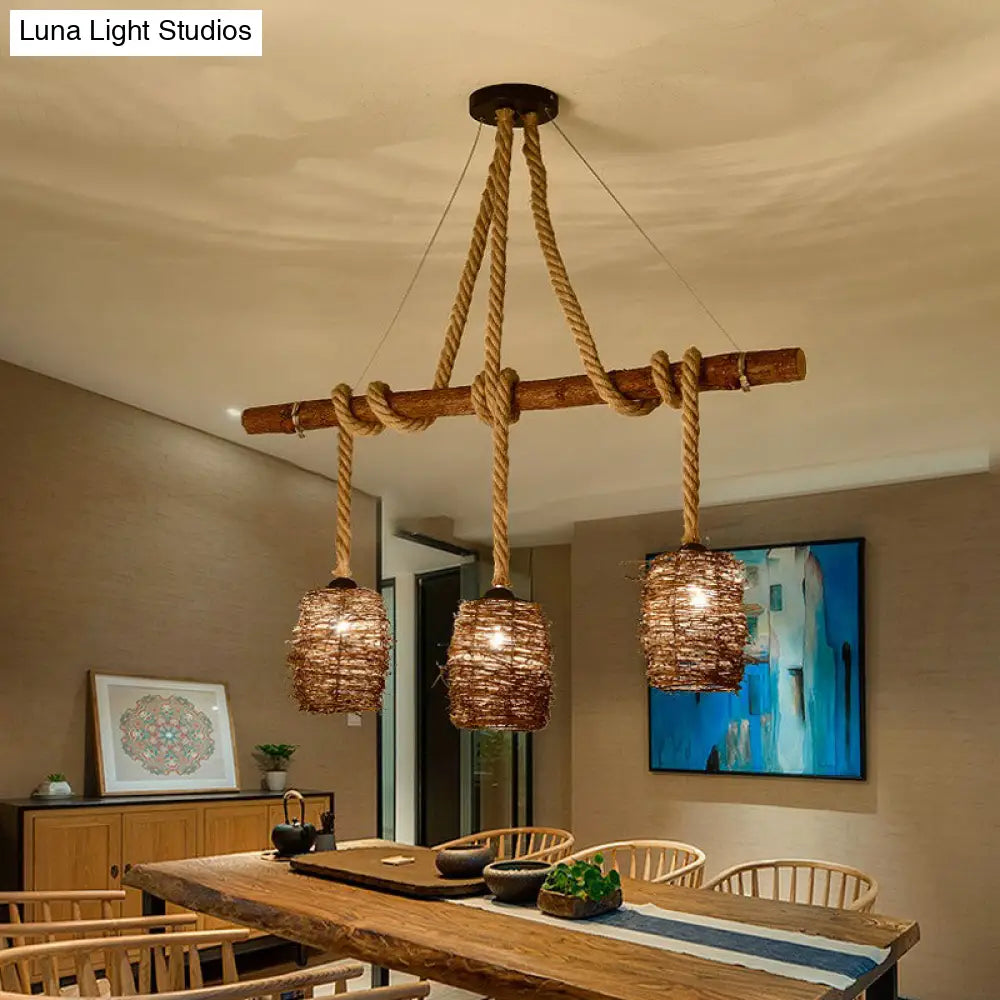 Rustic Rattan Woven Island Pendant 3-Bulb Dining Room Hanging Light Fixture In Wood