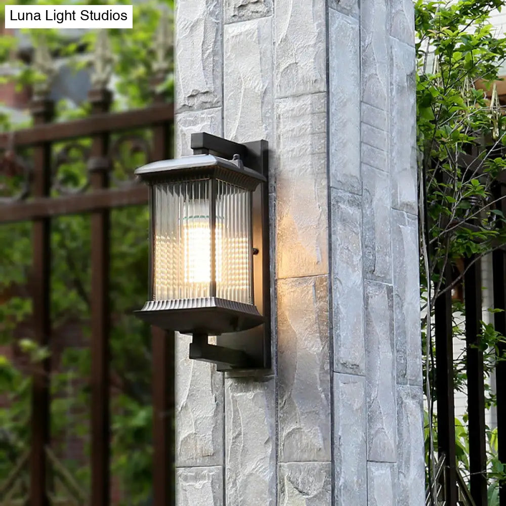 Rustic Rectangular Ribbed Glass Wall Lamp | 1 Bulb Coffee Courtyard Light Fixture