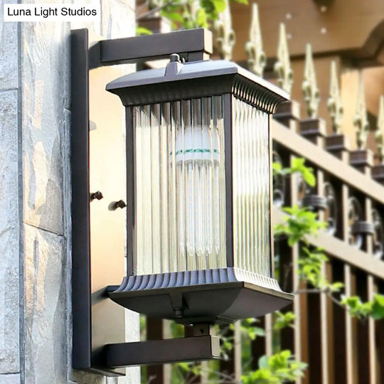 Rustic Rectangular Ribbed Glass Wall Lamp | 1 Bulb Coffee Courtyard Light Fixture