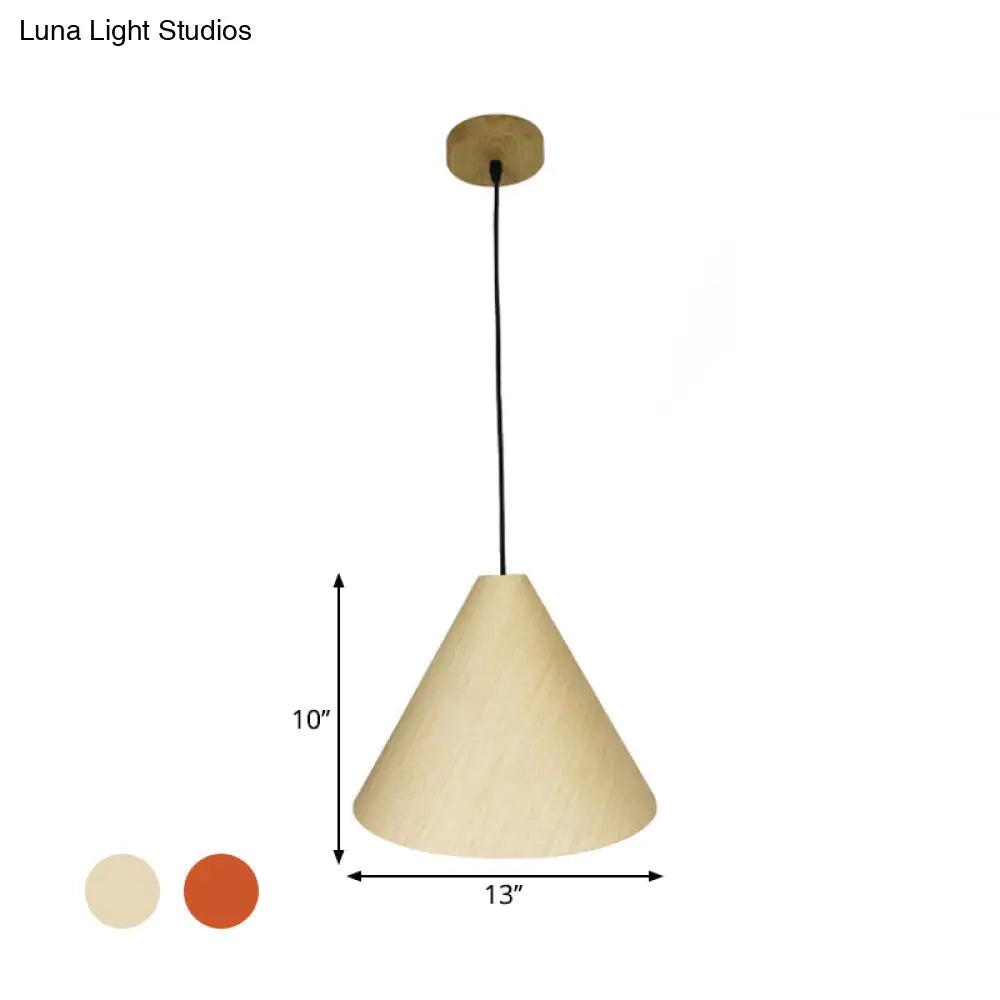 Rustic Red/Beige Cafe Suspension Lamp With Conic Wood Shade - 10/13 Wide