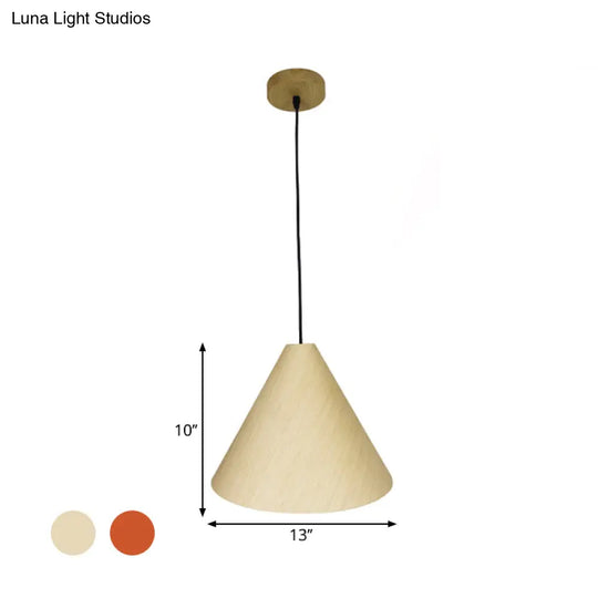 Rustic Red/Beige Hanging Lamp With Conic Wood Shade - 10’/13’ Wide