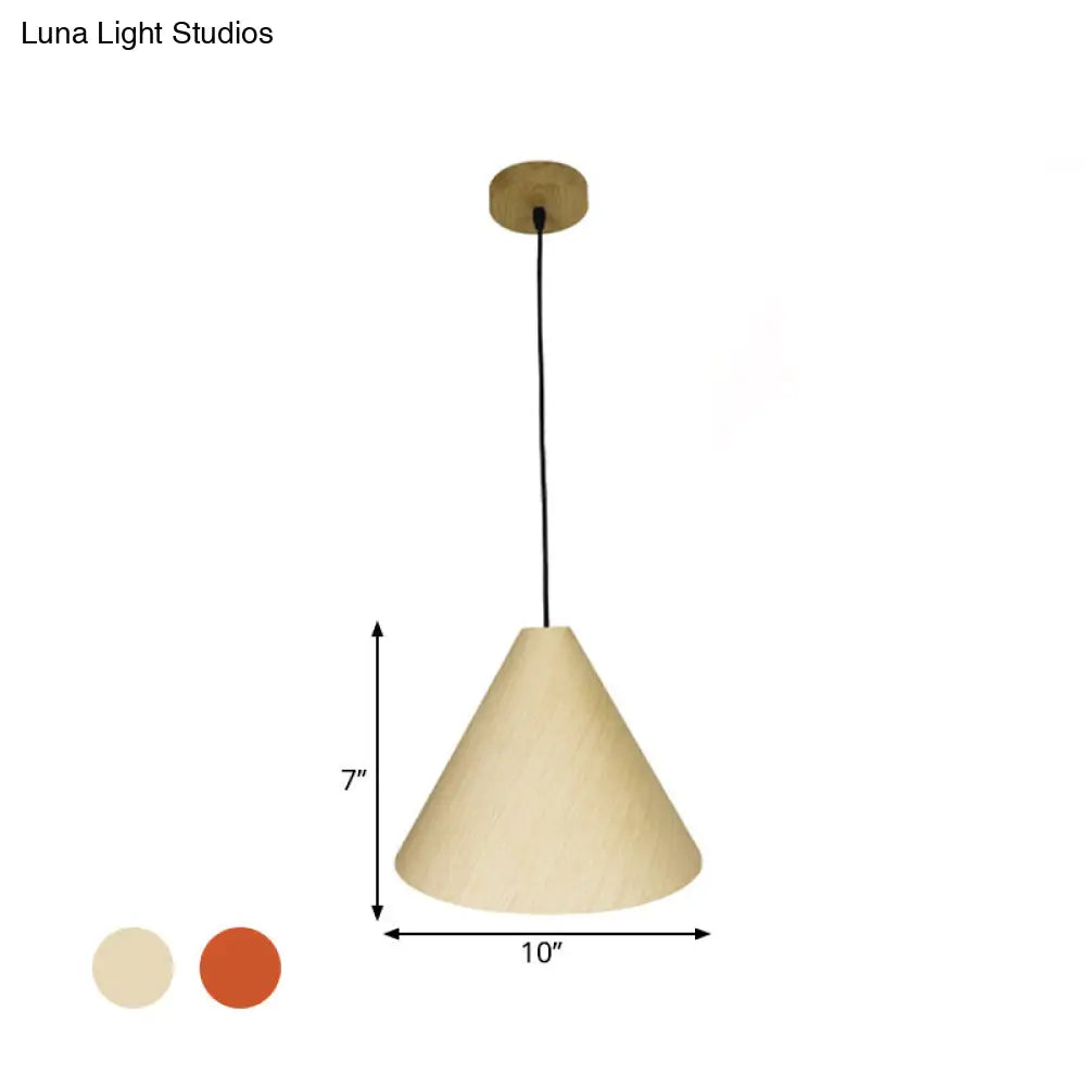 Rustic Red/Beige Hanging Lamp With Conic Wood Shade - 10’/13’ Wide