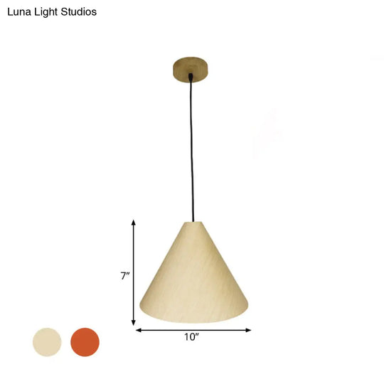 Rustic Red/Beige Hanging Lamp With Conic Wood Shade - 10’/13’ Wide