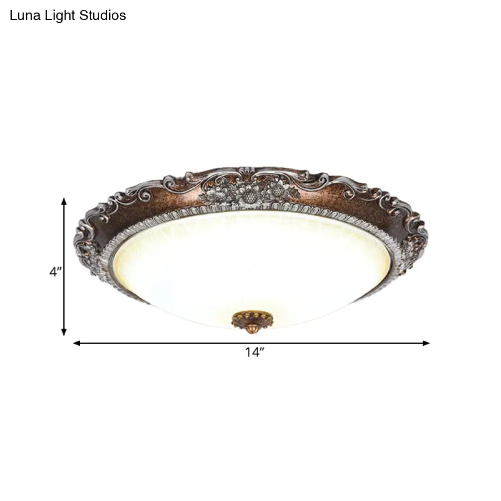 Rustic Red Brown Flush Mount Led Ceiling Light With Frosted Glass Bowl Shade - Ideal For Living Room