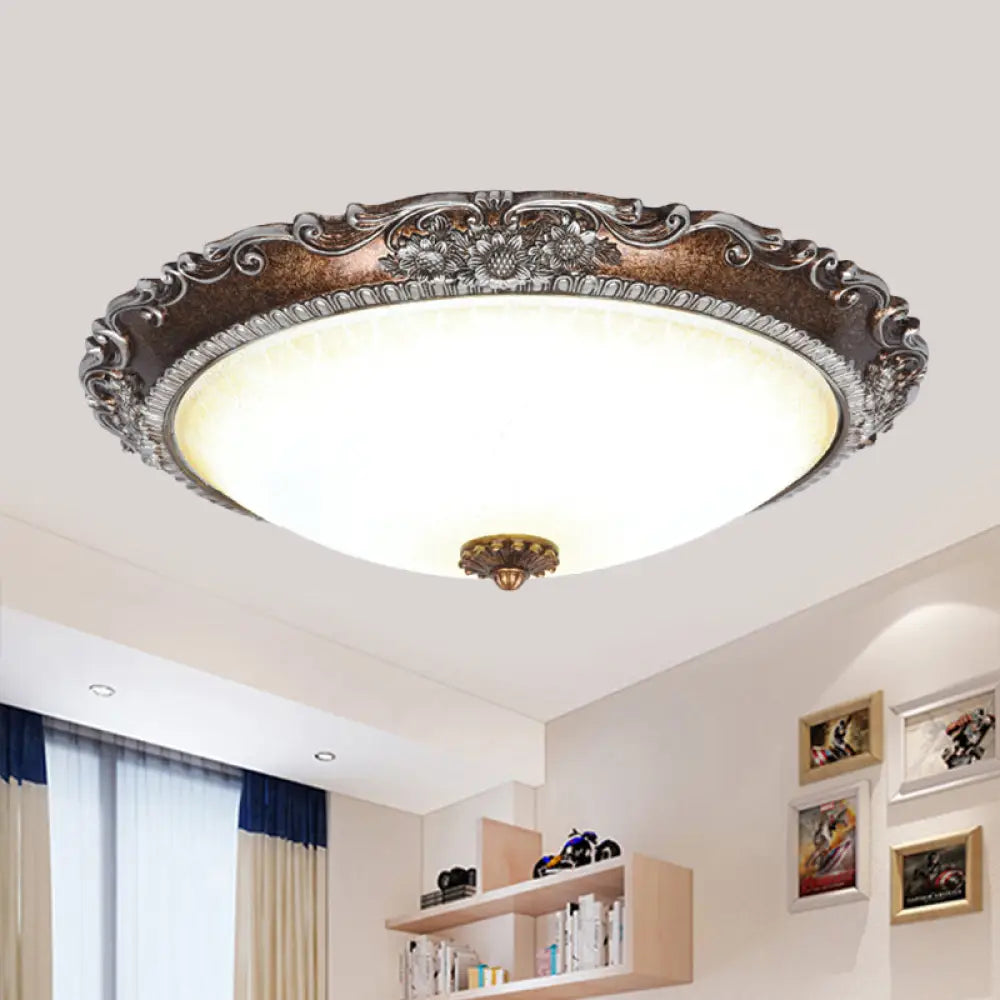 Rustic Red Brown Flush Mount Led Ceiling Light With Frosted Glass Bowl Shade - Ideal For Living Room