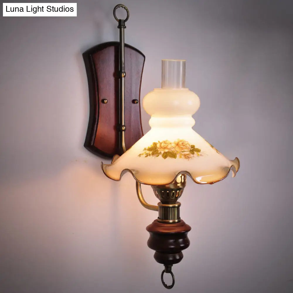 Rustic Red Brown Wall Sconce Light With Countryside White Glass And Kerosene Lamp Shade