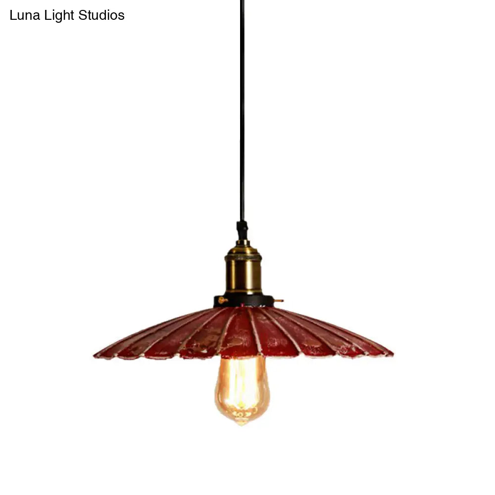 Rustic Red Scalloped Shade Pendant Lamp - Metallic Finish Ideal For Coffee Shops 1 Bulb Hanging