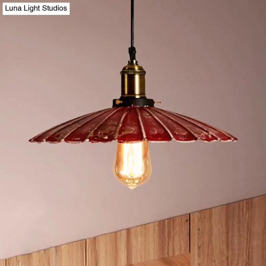 Rustic Red Scalloped Shade Pendant Lamp - Metallic Finish Ideal For Coffee Shops 1 Bulb Hanging