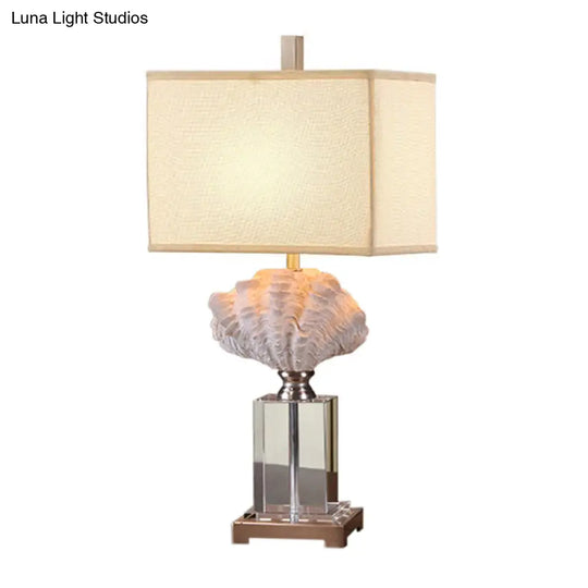 Rustic Resin Conch Shell Bedside Table Lamp - White Nightstand Light With Box Fabric Shade