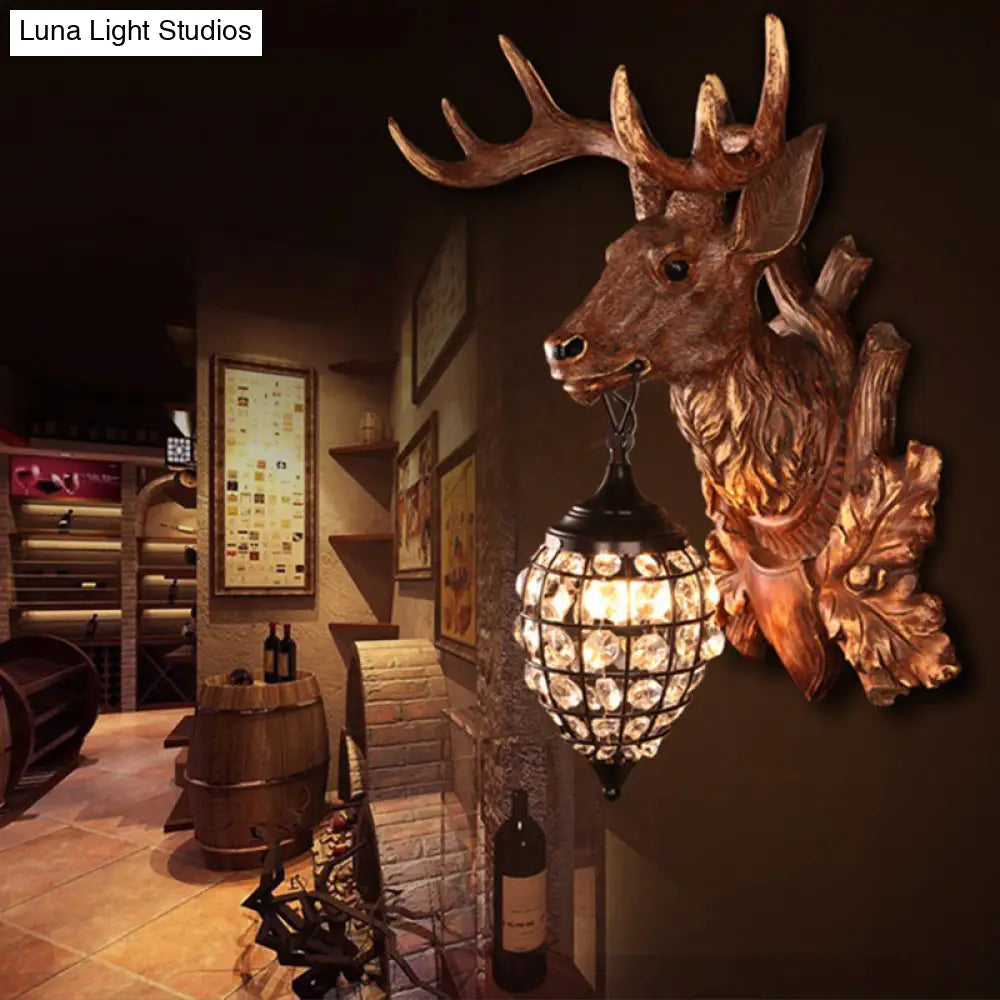 Rustic Resin Deer Head Bistro Wall Sconce: Single Mount Light With Crystal Oval Shade