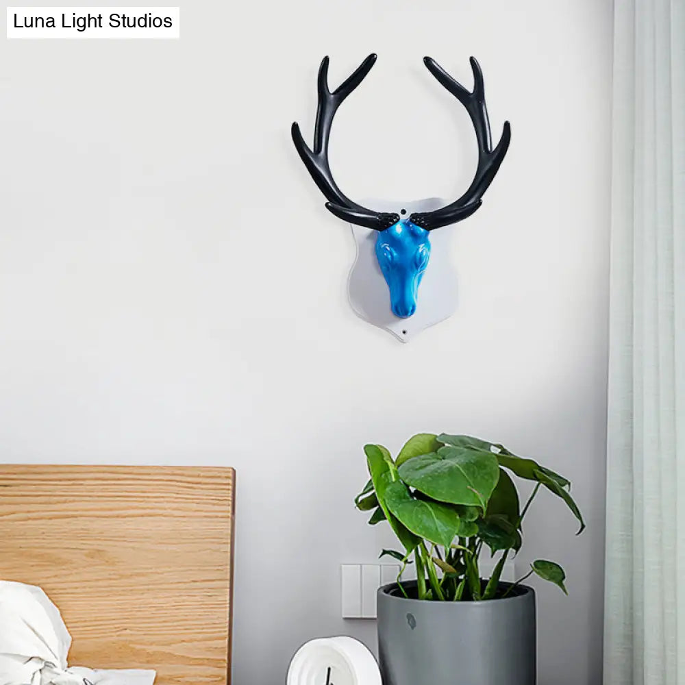 Rustic Resin Deer Led Wall Sconce In White/Blue With Black/White Mounting - Perfect For Living Room