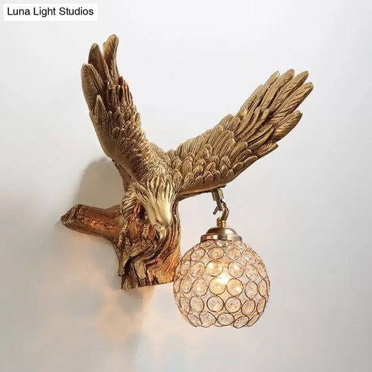 Rustic Resin Eagle Wall Sconce: Gold Single Head With Orb K9 Crystal