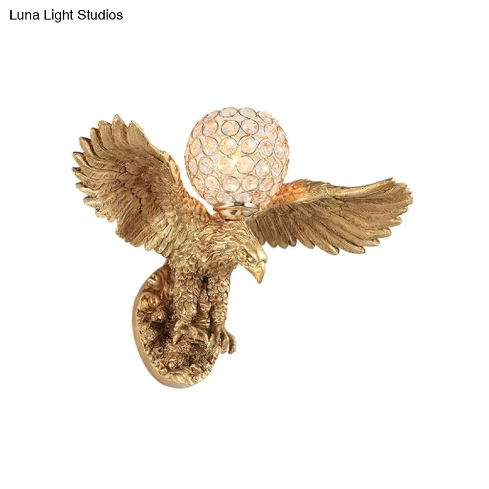 Rustic Resin Eagle Wall Sconce: Gold Single Head With Orb K9 Crystal