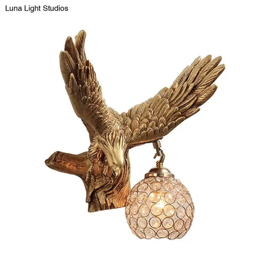 Rustic Resin Eagle Wall Sconce: Gold Single Head With Orb K9 Crystal