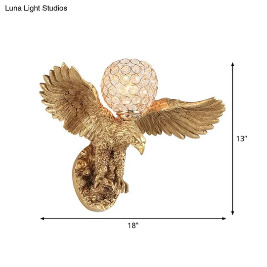 Rustic Resin Eagle Wall Sconce: Gold Single Head With Orb K9 Crystal