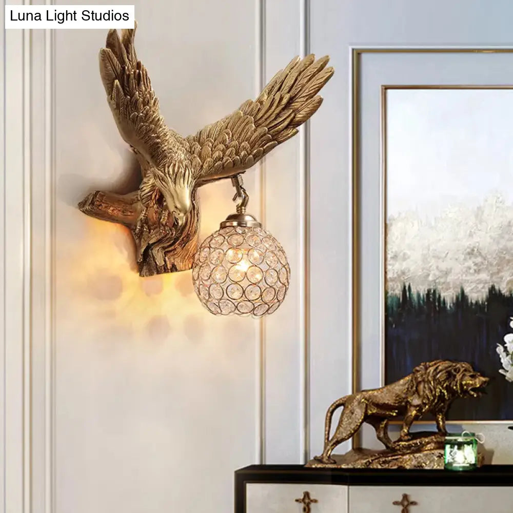 Rustic Resin Eagle Wall Sconce: Gold Single Head With Orb K9 Crystal