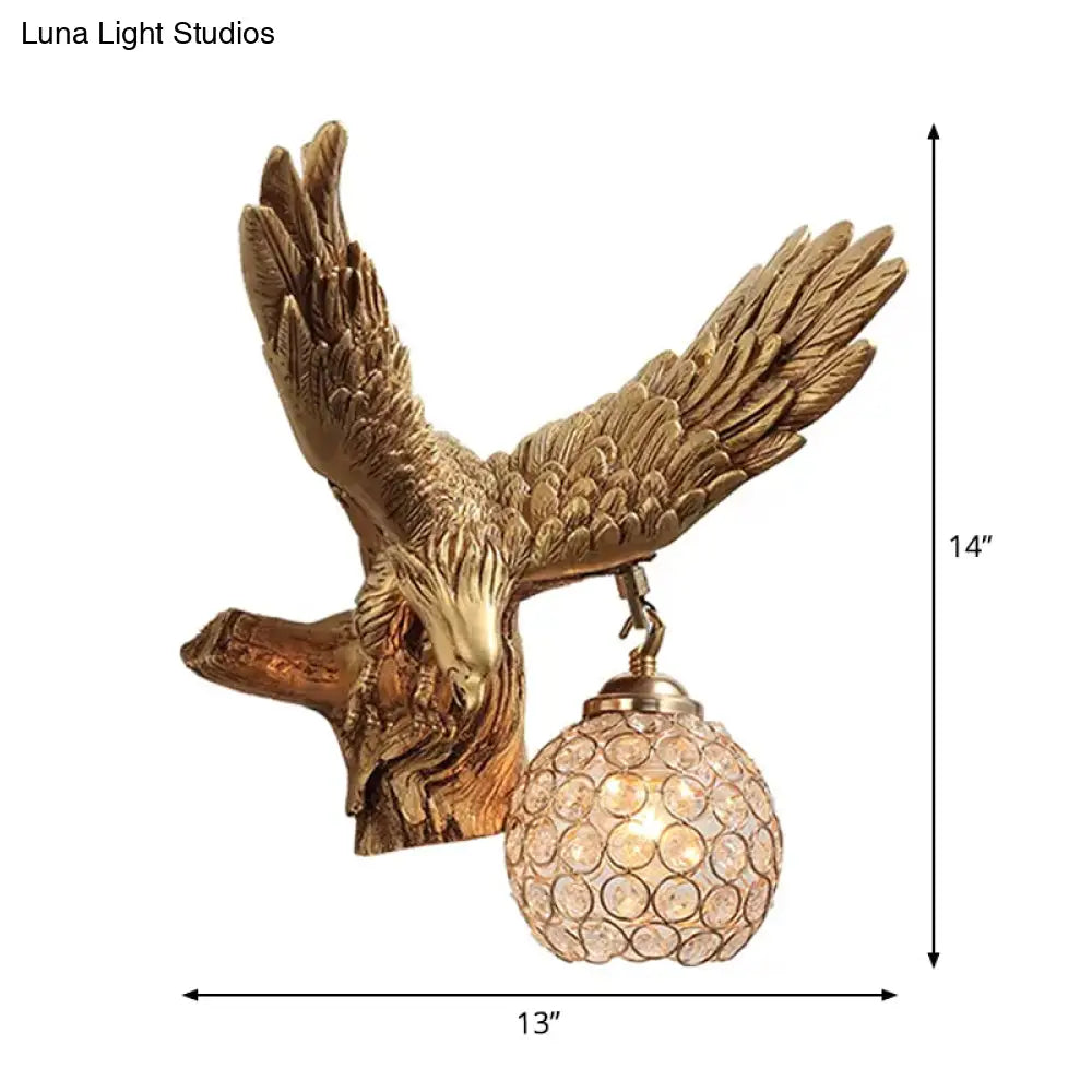 Rustic Resin Eagle Wall Sconce: Gold Single Head With Orb K9 Crystal