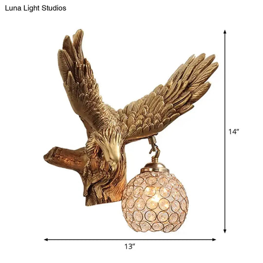 Rustic Resin Eagle Wall Sconce: Gold Single Head With Orb K9 Crystal