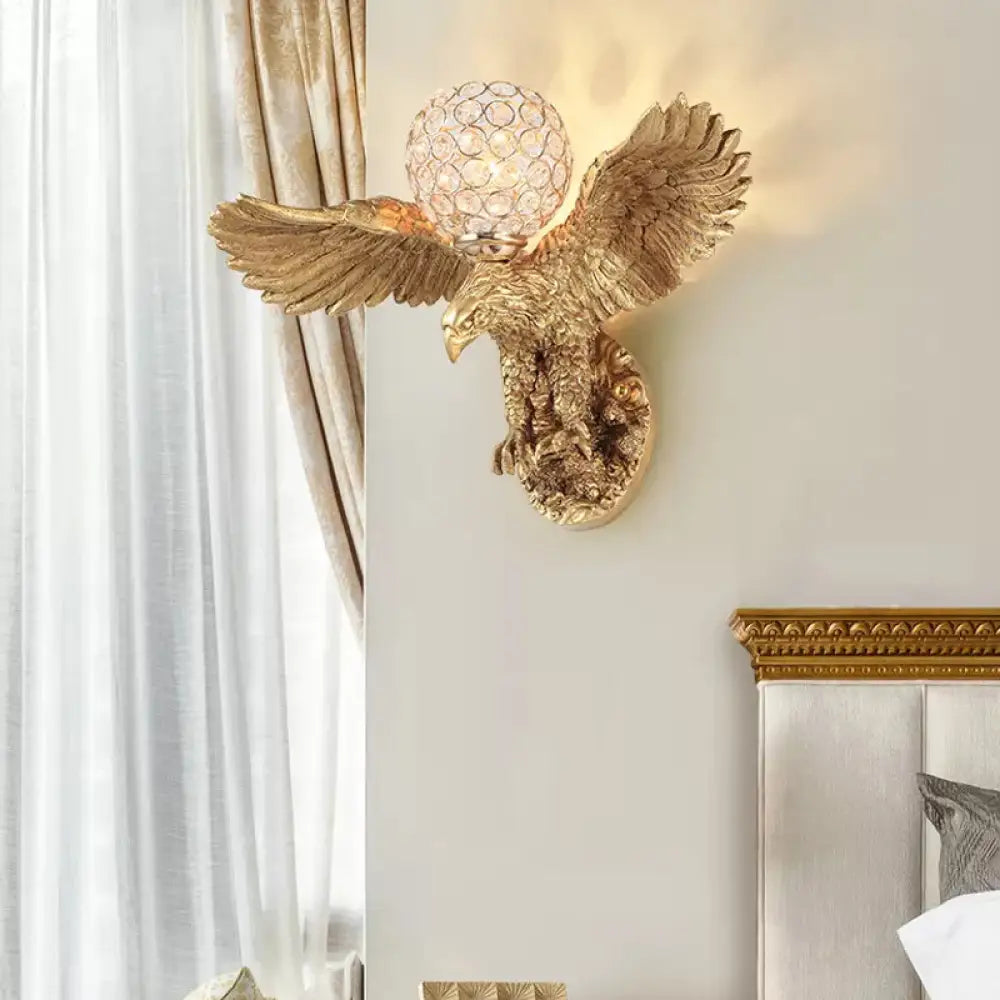 Rustic Resin Eagle Wall Sconce: Gold Single Head With Orb K9 Crystal / A