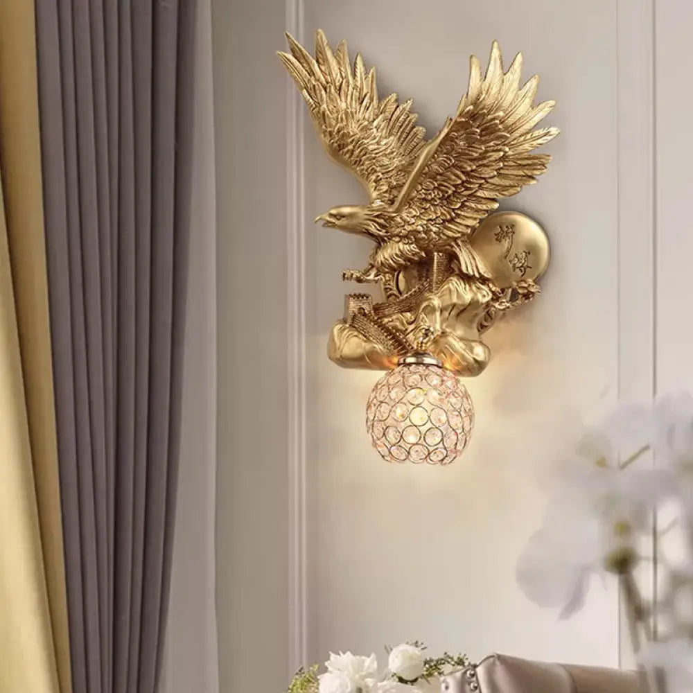 Rustic Resin Eagle Wall Sconce: Gold Single Head With Orb K9 Crystal / B