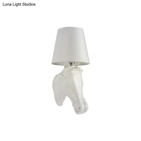 Rustic Resin Horse Head Wall Light With Bucket Shade - White Ideal For Bedside